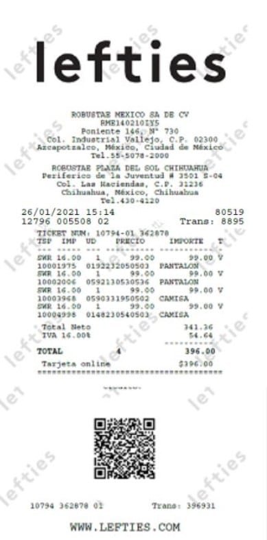 Facturacion Lefties Mexico Ticket de ejemplo