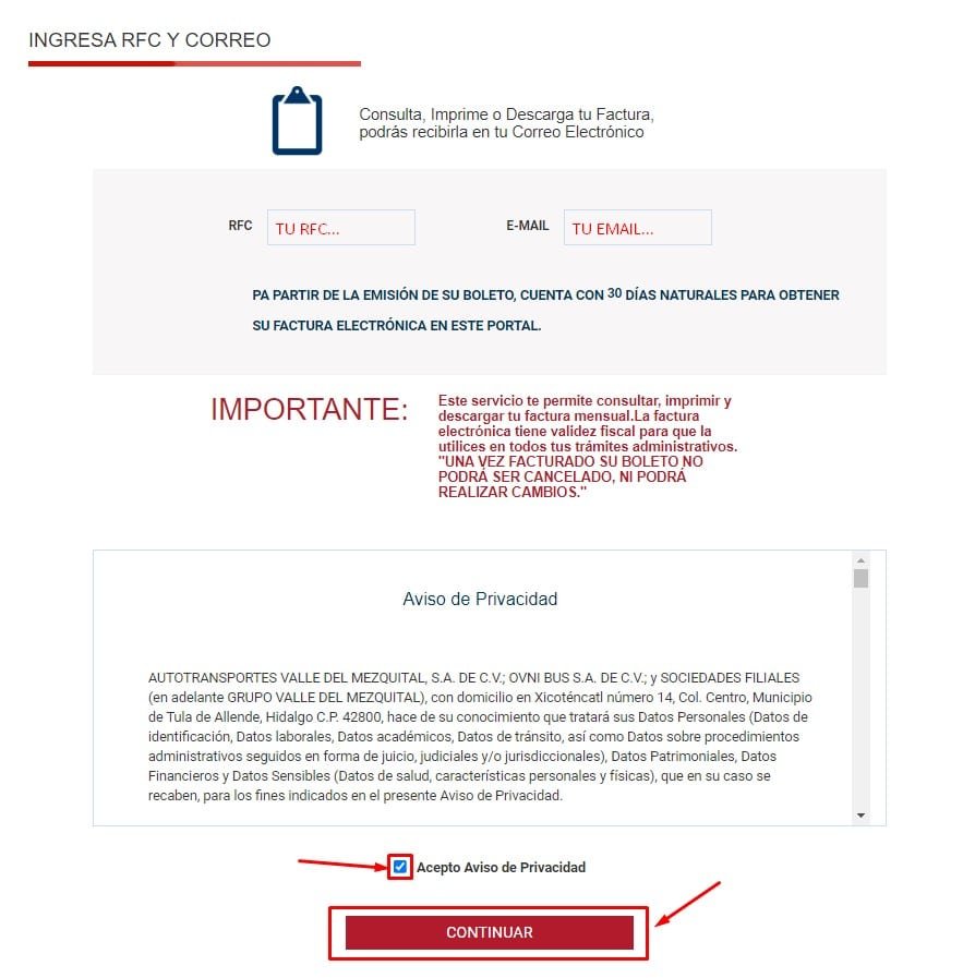 Facturacion AVM Ovnibus Ingresar RFC y EMAIL