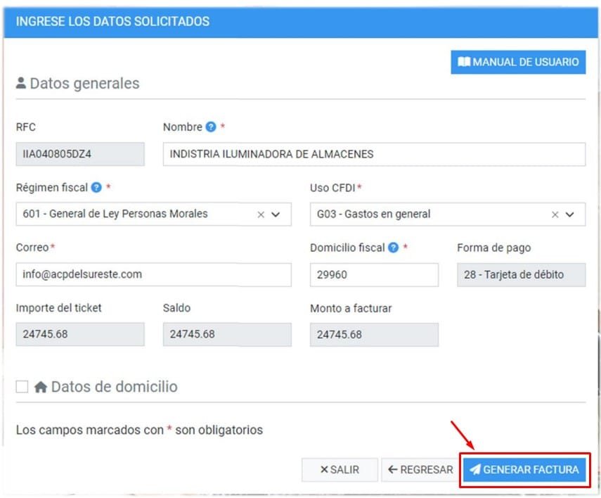 Facturacion Casa Santos Lugo Datos fiscales