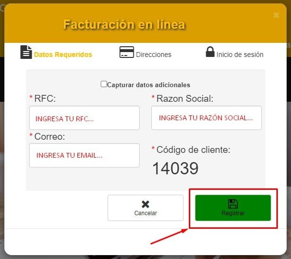 Facturacion Servicio Izvaroco Datos de registro