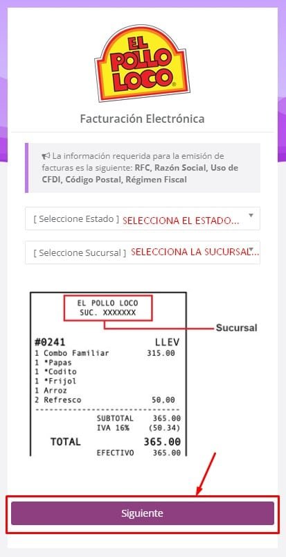 Facturacion El Pollo Loco Estado y Sucursal