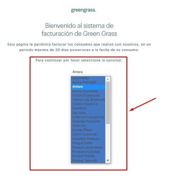 Facturacion Green Grass Seleccionar sucursal