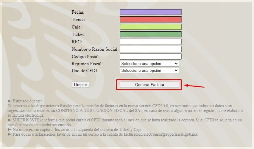 Facturacion SUPERISSSTE Datos de ticket y fiscales