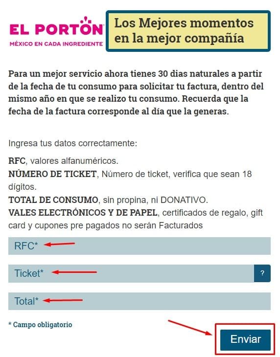 El Porton Facturacion Datos del ticket