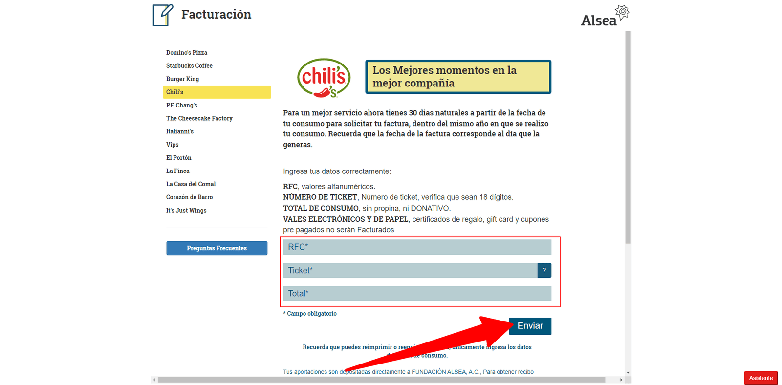 como facturar chilis alsea 1