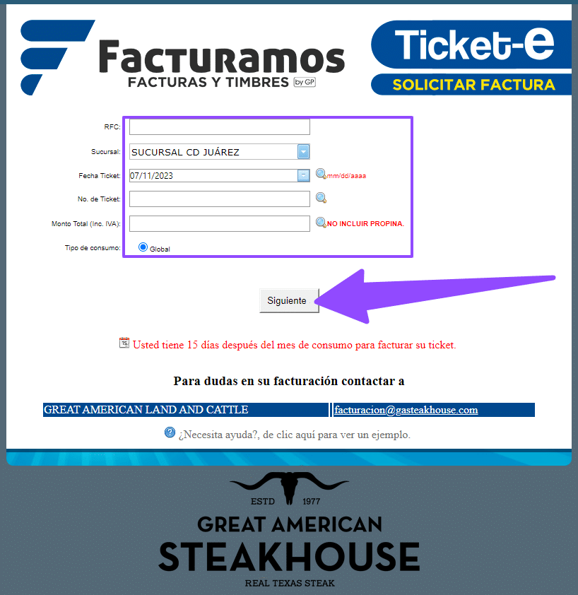 como facturar great american steakhouse 2