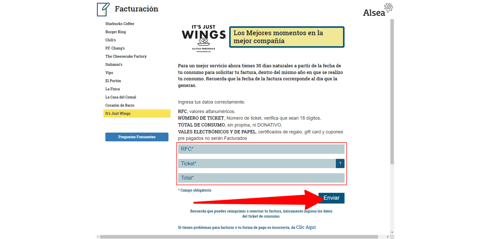 como facturar its just wings 1
