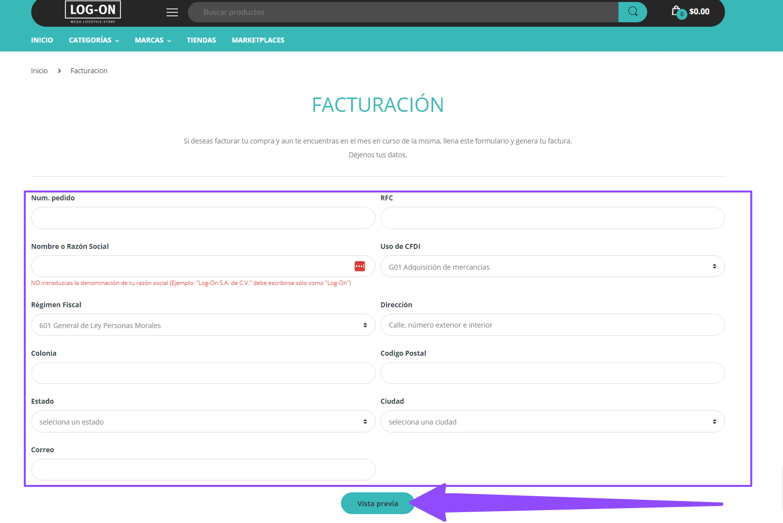 como facturar log on