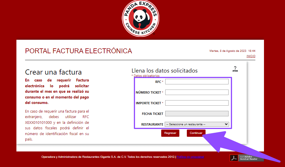 como facturar panda express 2