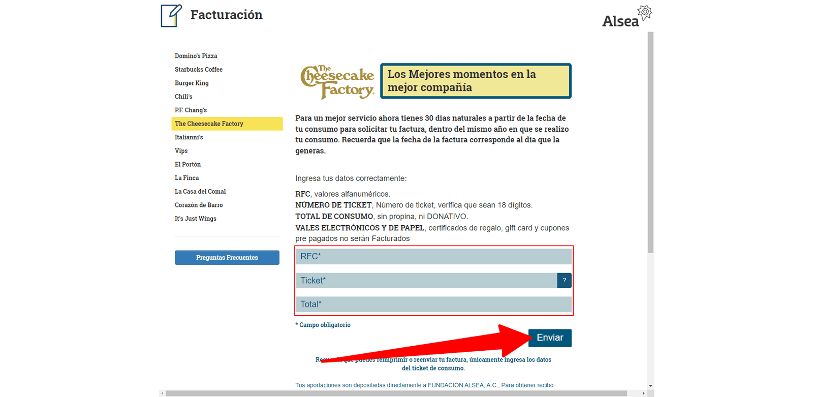 como facturar the cheesecake factory 1