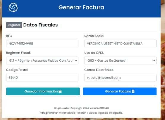Facturar Jaktur Datos fiscales