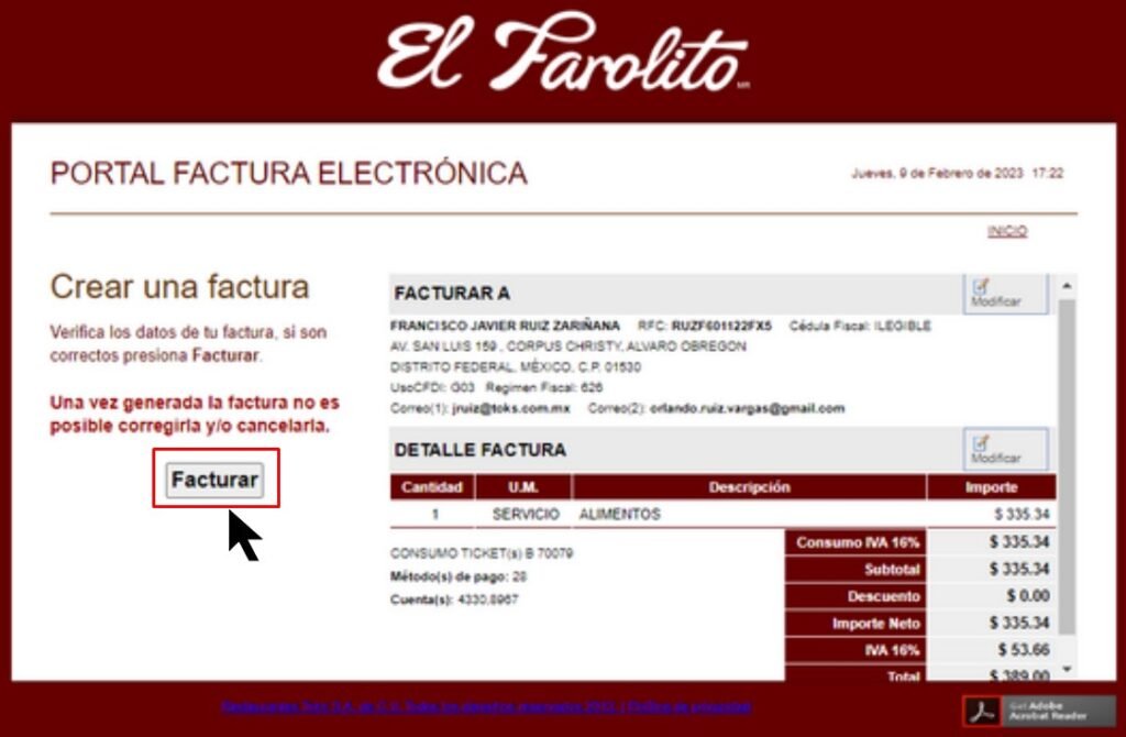 Facturar El Farolito Confirmar datos Facturar El Farolito Confirmar datos