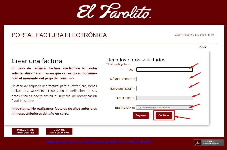 Facturar El Farolito Datos del ticket Facturar El Farolito Datos del ticket