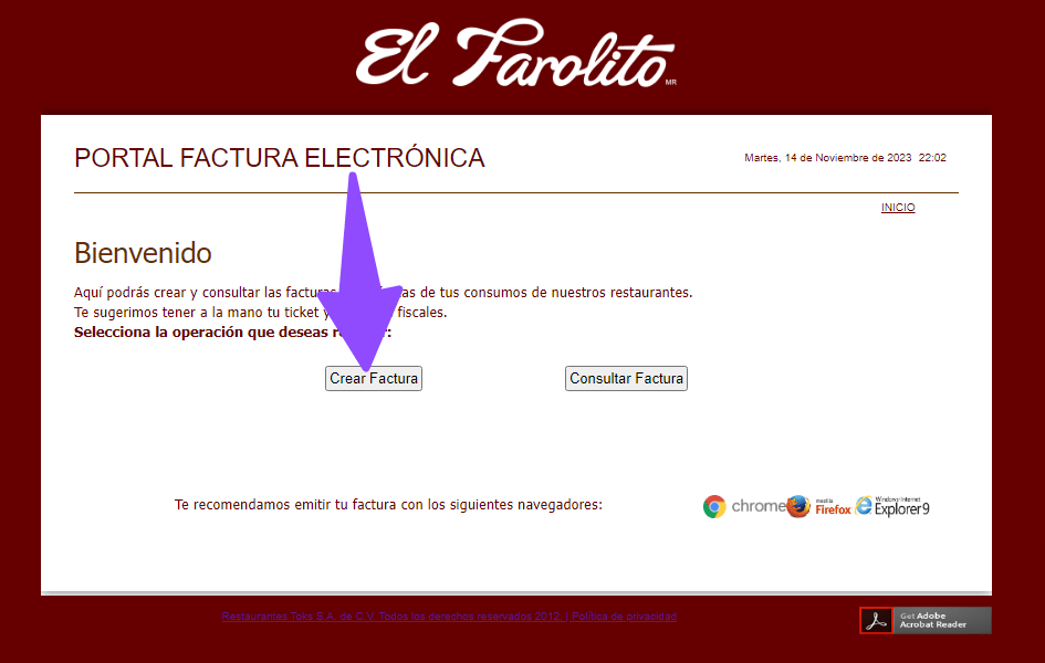 crear factura El Farolito Facturar Tickets ADN Fiscal