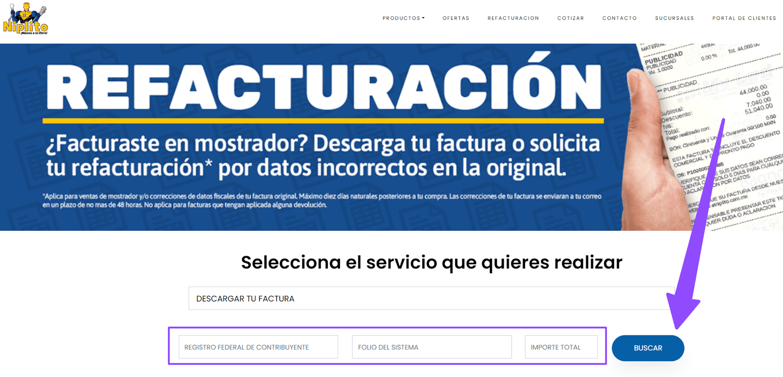 descargar factura El NIPLITO Facturar Tickets ADN Fiscal