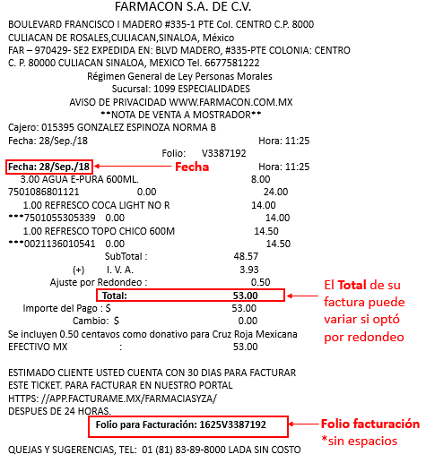 ejemplo ticket facturar FarmaCon Facturar Tickets ADN Fiscal
