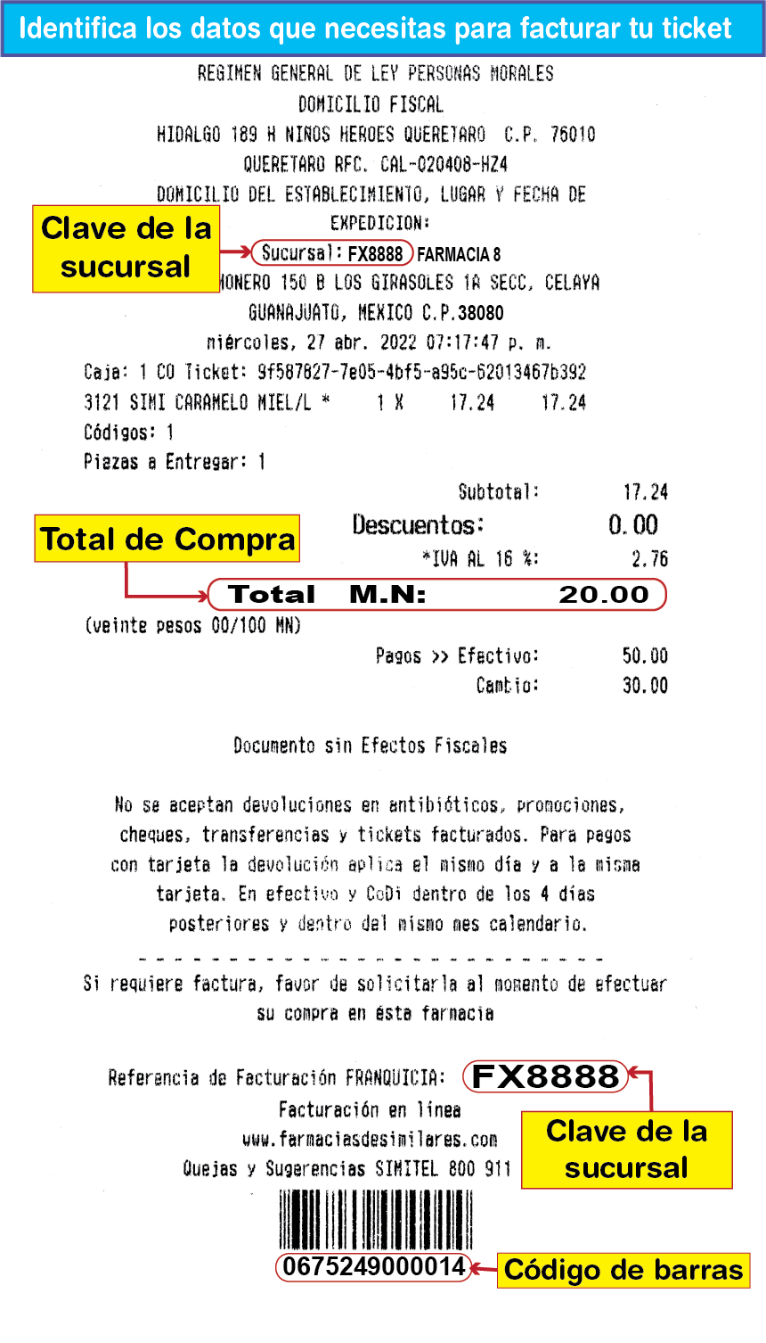 ejemplo ticket facturar similares farmacias Facturar Tickets ADN Fiscal