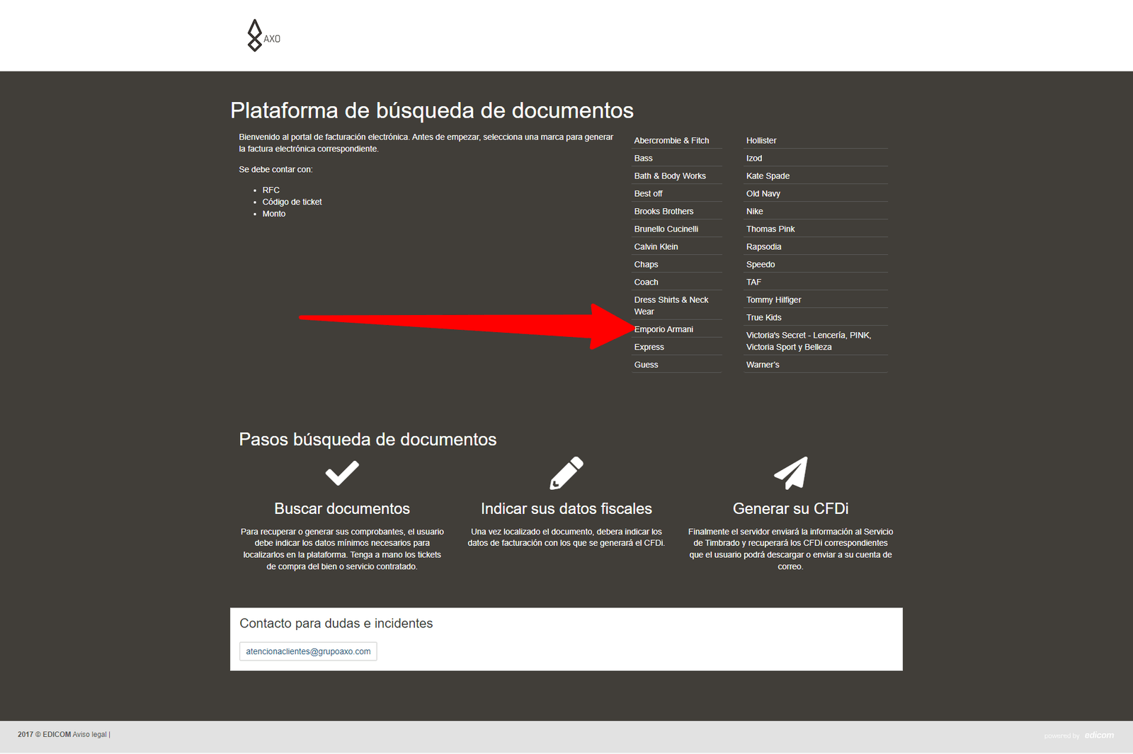 entrar a Emporio Armani facturacion Facturar Tickets ADN Fiscal