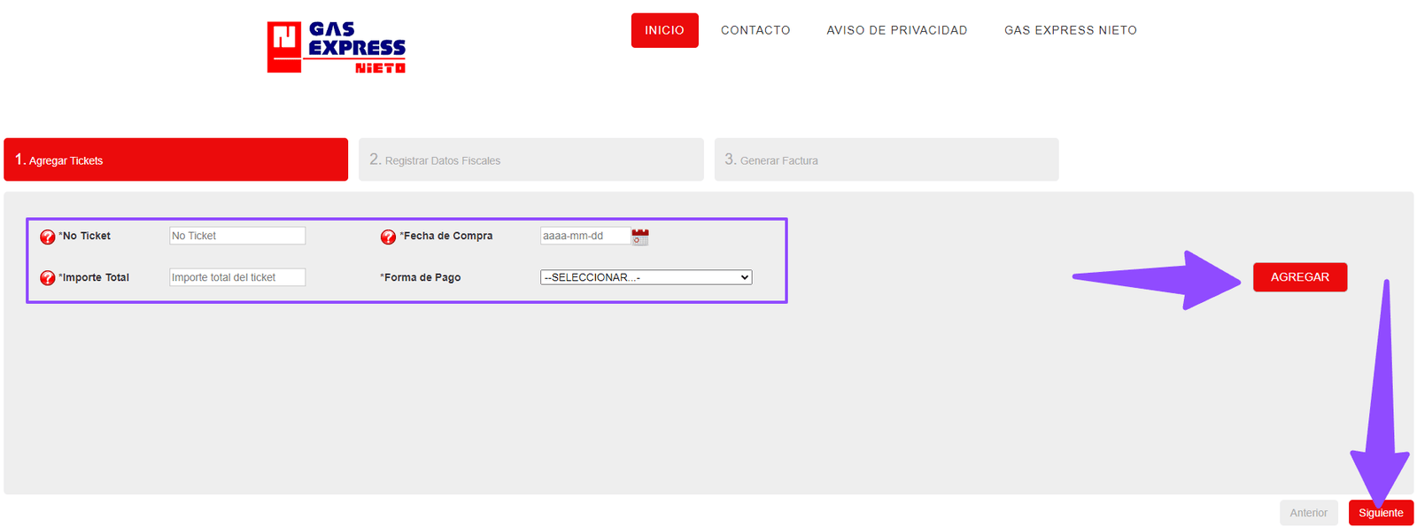 ingresar datos ticket Gas Express Nieto facturacion Facturar Tickets ADN Fiscal