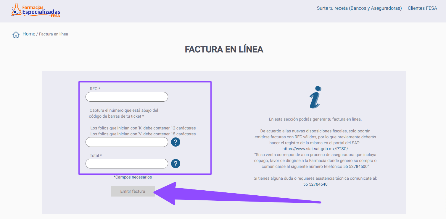 ingresar rfc y datos ticket Farmacias Especializadas facturacion Facturar Tickets ADN Fiscal