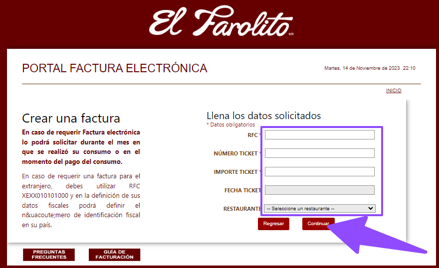 ingresar rfc y ticket El Farolito Facturar Tickets ADN Fiscal