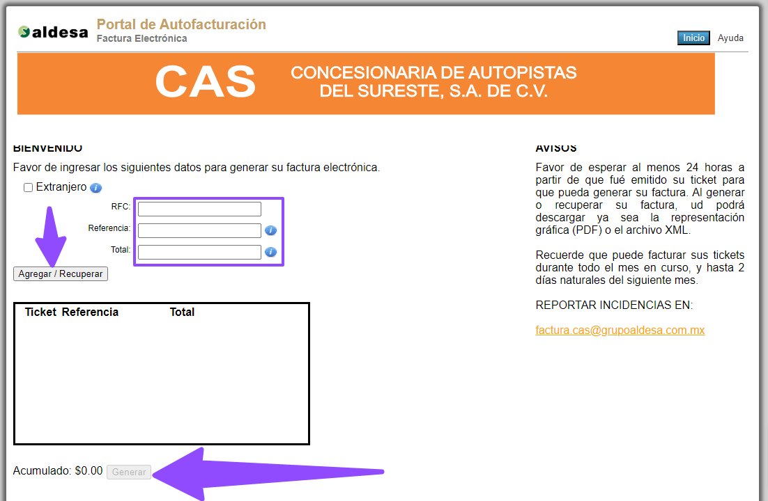 ingresar rfc y ticket facturar CAS Facturar Tickets ADN Fiscal