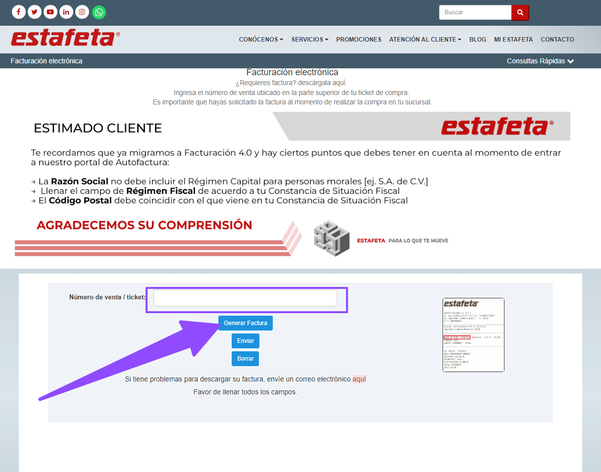 ingresar ticket Estafeta generar factura Facturar Tickets ADN Fiscal