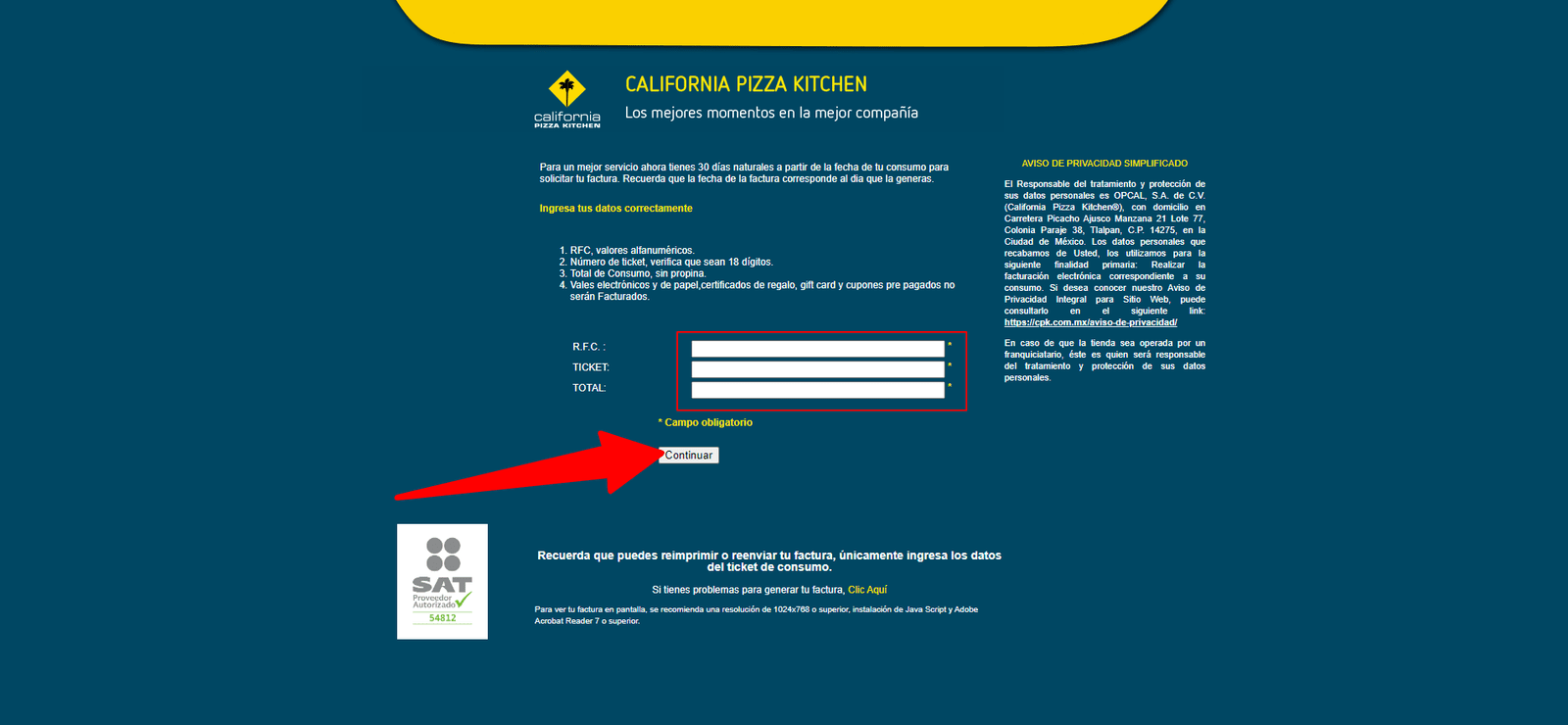 ingresar ticket y rfc facturar California Pizza Kitchen Facturar Tickets ADN Fiscal