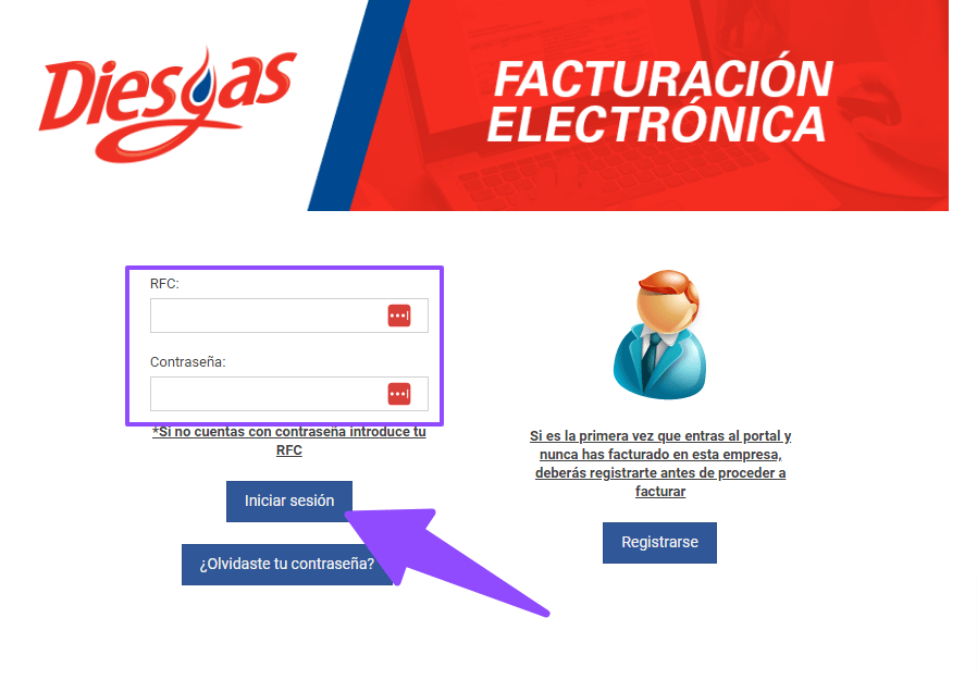 iniciar sesion rfc Diesgas facturacion Facturar Tickets ADN Fiscal