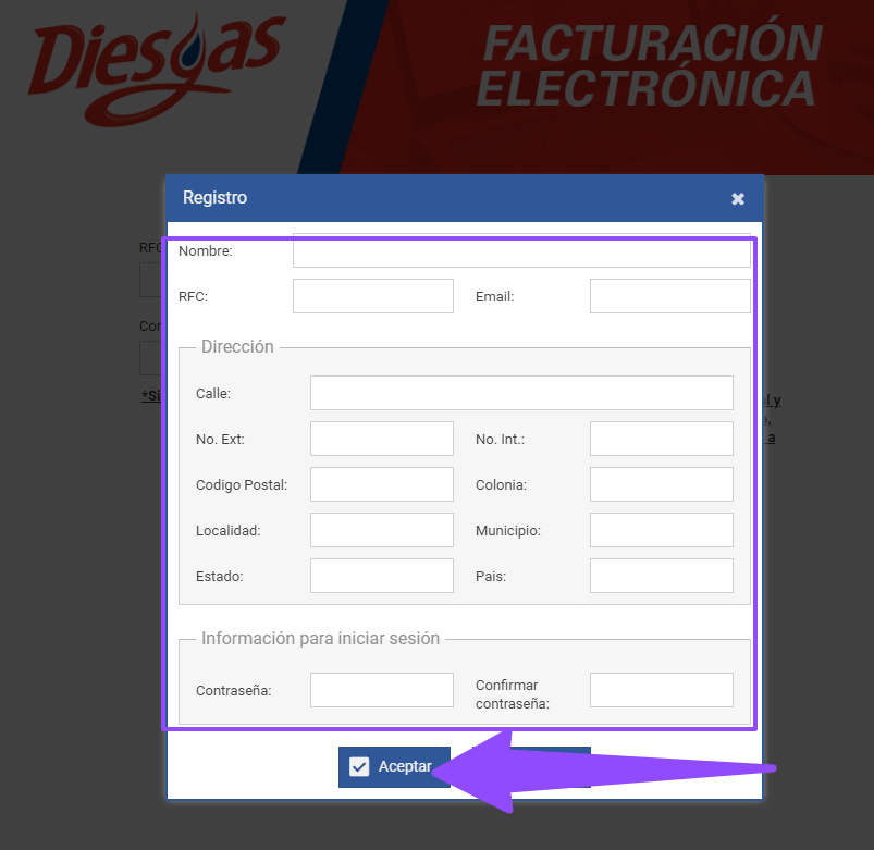 registrar cuenta Diesgas facturar Facturar Tickets ADN Fiscal