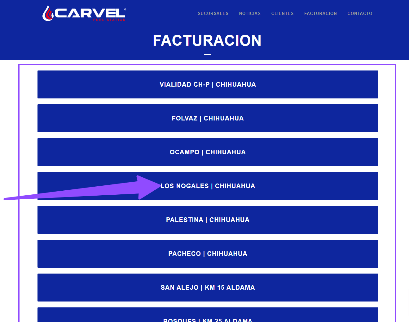 seleccionar estacion de Carvel gasolineras para facturar Facturar Tickets ADN Fiscal