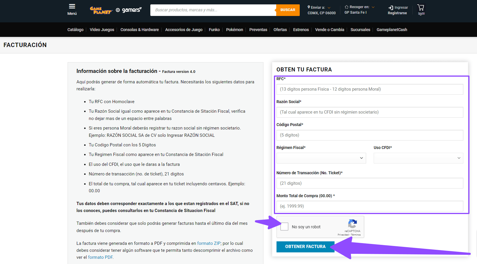 ingresar rfc y ticket Gameplanet facturar Facturar Tickets ADN Fiscal